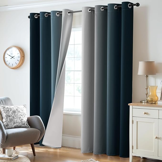 Yakamok 100% Blackout Curtains 63 Inch Length 2 Layers,Navy Blue Curtains for Bedroom Ombre Room Darkening Grommet Gradient Drapes, Light Blocking Thermal Insulated Window Curtains for Living Room