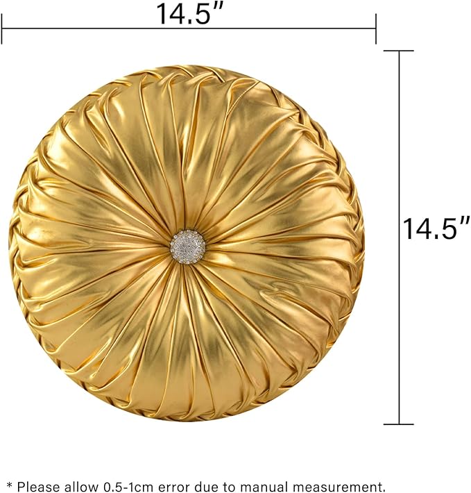 HIG Set of 2 Handcrafted Gold Ruched Round Throw Pillows – 14.5’’ Metallic Leather Decorative Pillows with Soft Polyester Filling for Couch, Bed, Living Room, Bedroom, or Dorm