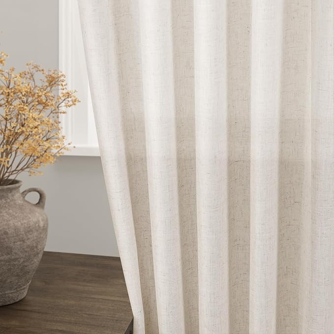 Beige Flax Linen Curtains 92 inches Long for Living Room 2 Panel Tan Burlap Textured Drapes Semi Sheer Privacy Window Curtain Vintage Country Rustic Farmhouse Drop Cloth Curtain for Dinning Room