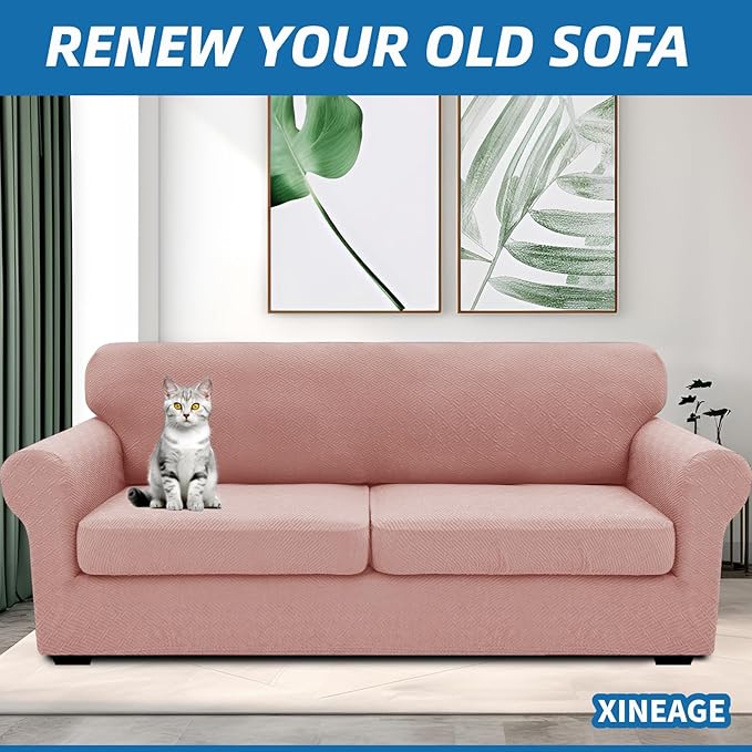 XINEAGE New 3 Pieces Couch Covers for 2 Extra Large Cushion Sofa Super Stretch Sofa Cover for 2 Large Seat Universal Loveseat Slip Cover for Living Room (Dusty Pink), 71"-91"(2 Cushions)