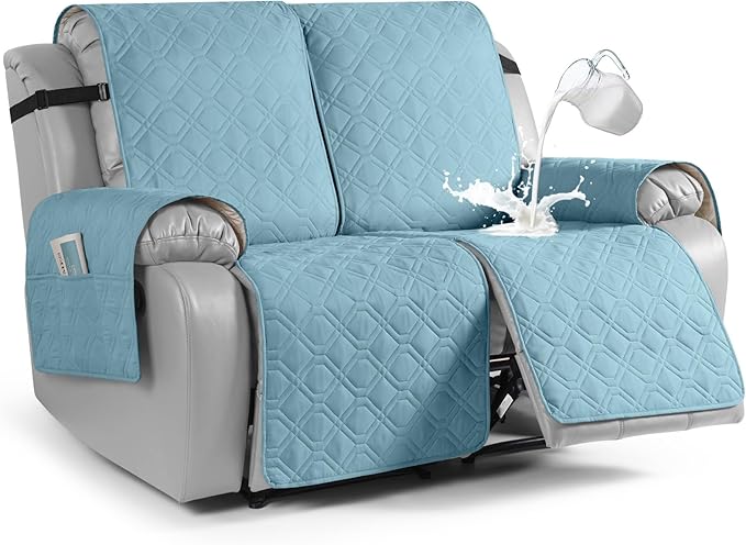 VANSOFY Waterproof Recliner Couch Covers, Sofa Covers 1-Piece Washable Reclining Sofa Cover Non-Slip Furniture Protector with Elastic Straps Pocket for Dogs, Pets(Azuree,2 Seater)