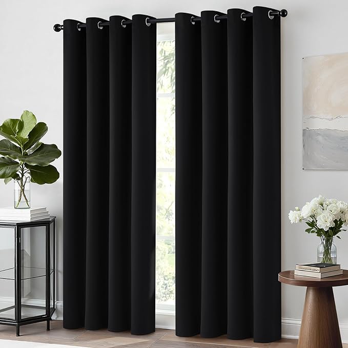 Yakamok Soft and Smooth Blackout Curtains for Bedroom - Grommet Thermal Insulated Room Darkening Curtains for Living Room, Set of 2 Panels (52W x 72L Inch, Black)