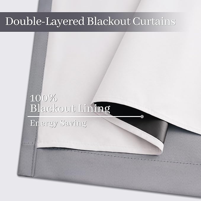 Yakamok Grey Room Darkening 100% Blackout Curtains Grommet Window Treatments with 2 Thick Layers-Gray Thermal Insulated Drapes Set of 2 Panels for Bedroom Living Room 38 Inches by 63 Inches Length