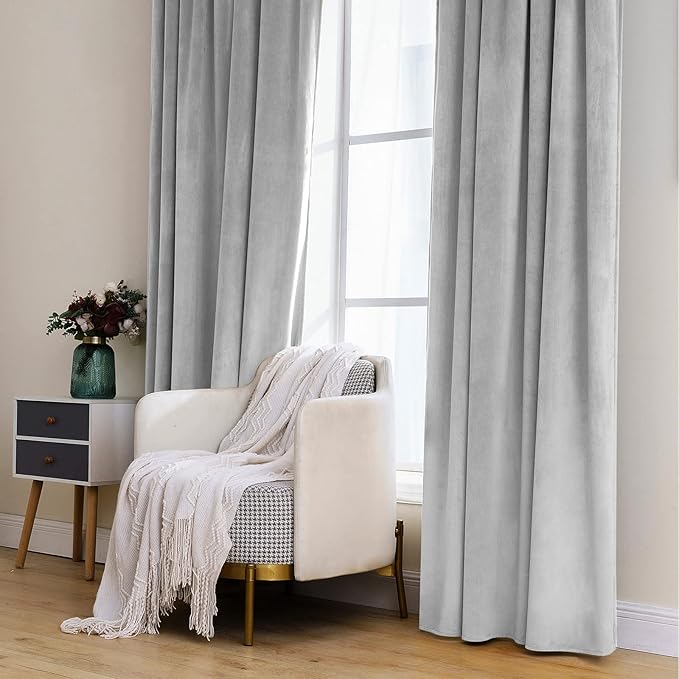 MIULEE Greyish White Velvet Curtains 90 inches 2 Panels - Luxury Blackout Curtains for Bedroom Living Room Thermal Insulated Super Soft Window Drapes Rod Pocket & Back Tab, W 52 x L 90 inch