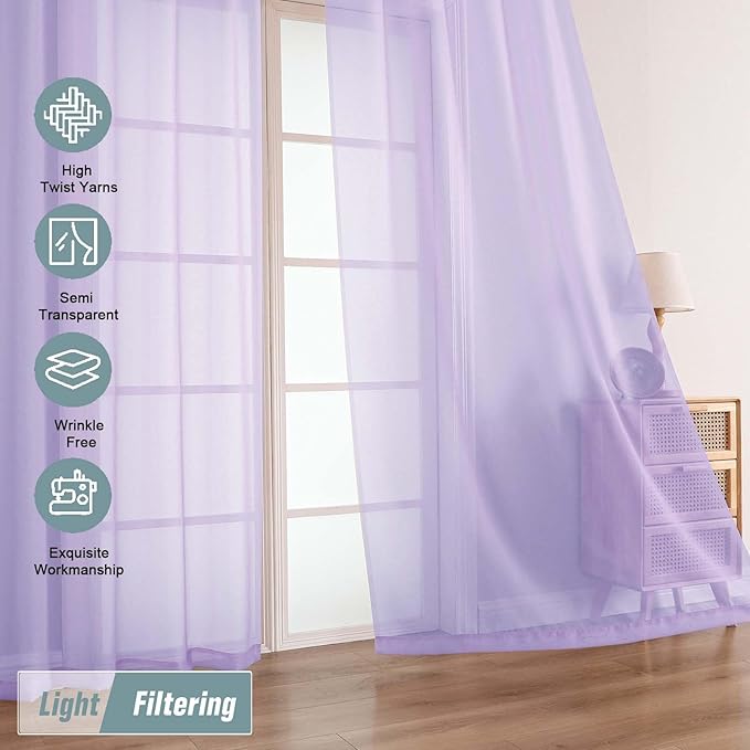 Sheer Curtains for Window 96 Inches Long 2 Panels, Soft Airy Light Filtering Voile Sheer Curtains for Living Room Bedroom, Dual Rod Pocket Elegant Window Drapes, Lavender, 2x42Wx96L Inches