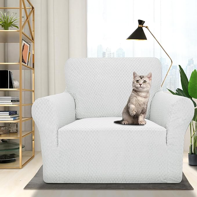 ZNSAYOTX 1 Piece Jacquard Chair Slipcovers for Living Room High Stretch Chair Covers with Arms Anti Slip Pets Friendly Couch Sofa Armchair Cover Furniture Protector (Small, White)