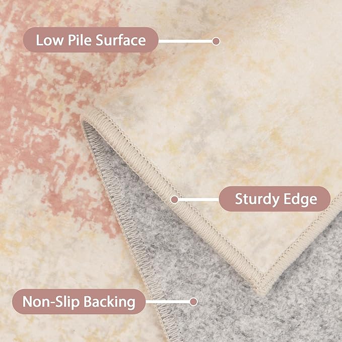 Area Rugs 8x10 for Living Room Bedroom, Modern Abstract Machine Washable Rug, Large Soft Low Pile Floor Carpet with Non Slip Backing for Dining Room, Pink/Cream