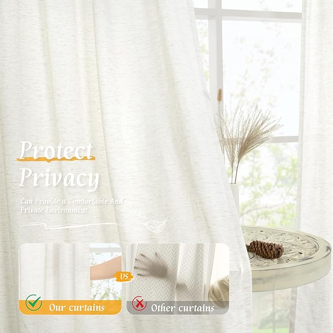 LAMIT Natural Ivory Linen Curtains 45 Inches Long for Bedroom, Soft Faux Linen Textured Light Filtering Panels Rod Pocket Neutral Drapes for Kitchen/Window/Loft Room, 42 x 45 Inch, 2 Panels
