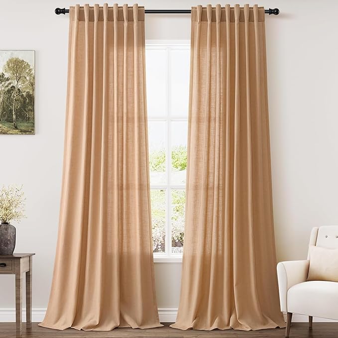 Nanspring Camel Linen Curtains for Living Room 94 Inches Long Back Tab and Rod Pocket Light Filtering Semi Sheer Vintage Rustic Curtain Luxury Boho Decor Drapes for Bedroom Office 52x94, 2 Panels