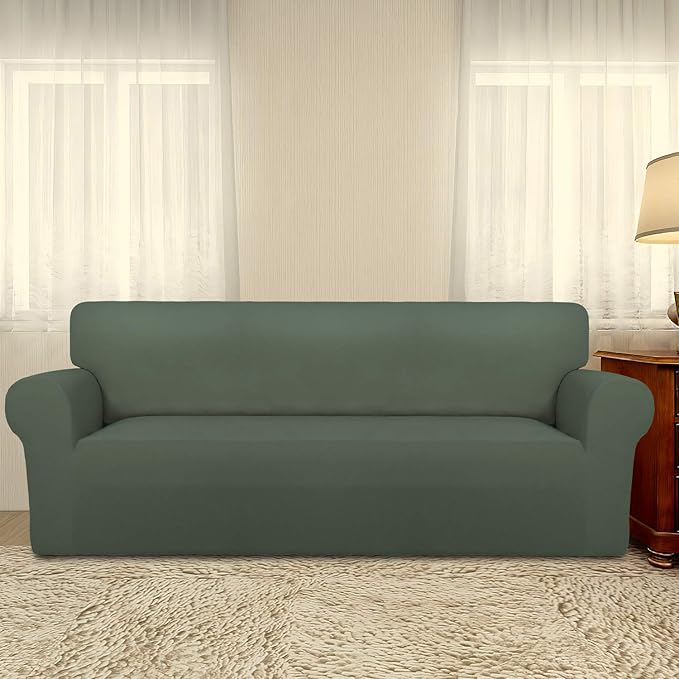 PureFit Super Stretch Sofa Slipcover – Spandex Non Slip Soft Couch Sofa Cover, Washable Furniture Protector with Non Skid Foam and Elastic Bottom for Kids, Pets （Sofa, Grayish Green）