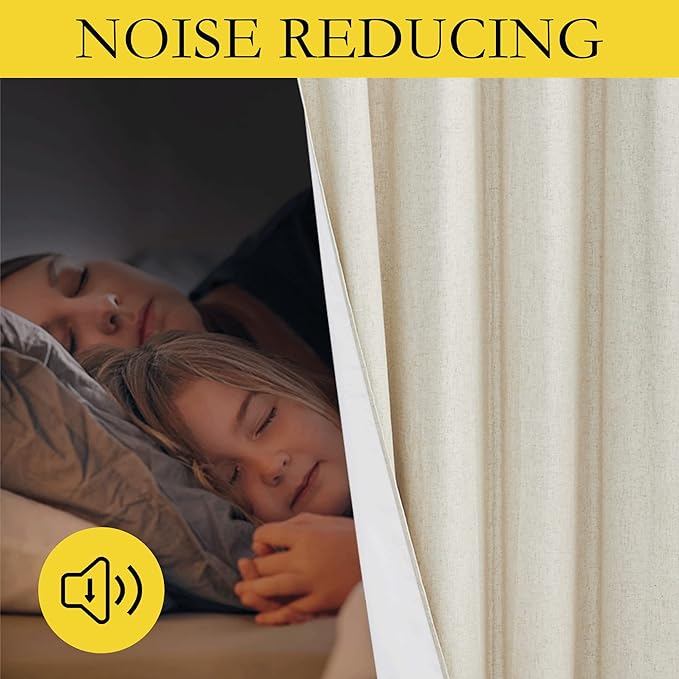 NICETOWN Natural Thick Linen Blend 100% Blackout Curtains with White Liners, Rustic Grommet Thermal Insulated Flax Textured Full Blackout Window Draperies for Bedroom (2 Panels, 42" W by 63" L)
