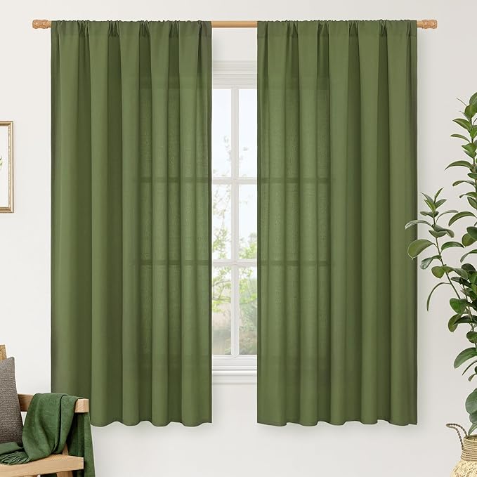 LAMIT Faux Linen Curtains 63 inches Long for Bedroom, Rod Pocket Thick Linen Drapes Light Filtering Privacy Window Christmas Decor Curtains for Living Room, 2 Panels (52 x 63 Inch, Olive Green)