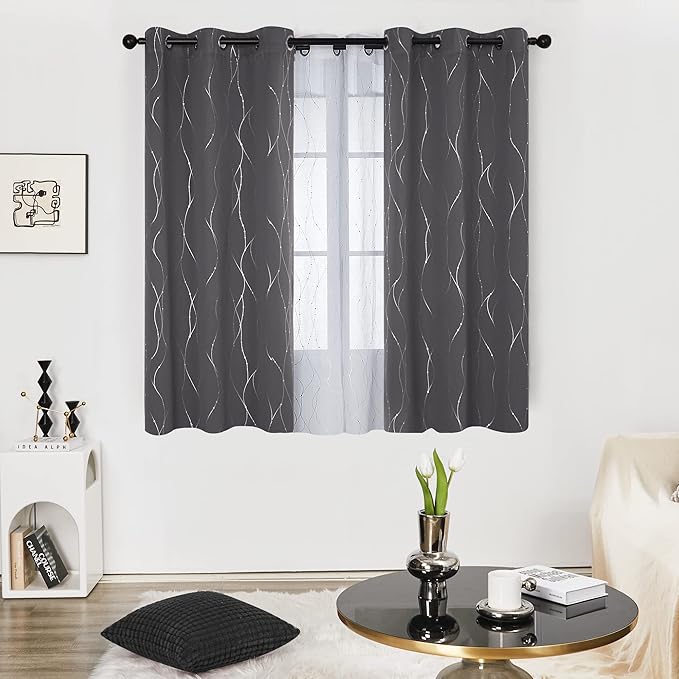 Deconovo Grey Blackout Curtains for Bedroom, Thermal Insulated Soundproof Drapes, Wave Dots Foil Print, 42 x 63 Inches Long, 2 Panels, Machine‑Washable Privacy Window Panel for Living Room Kitchen