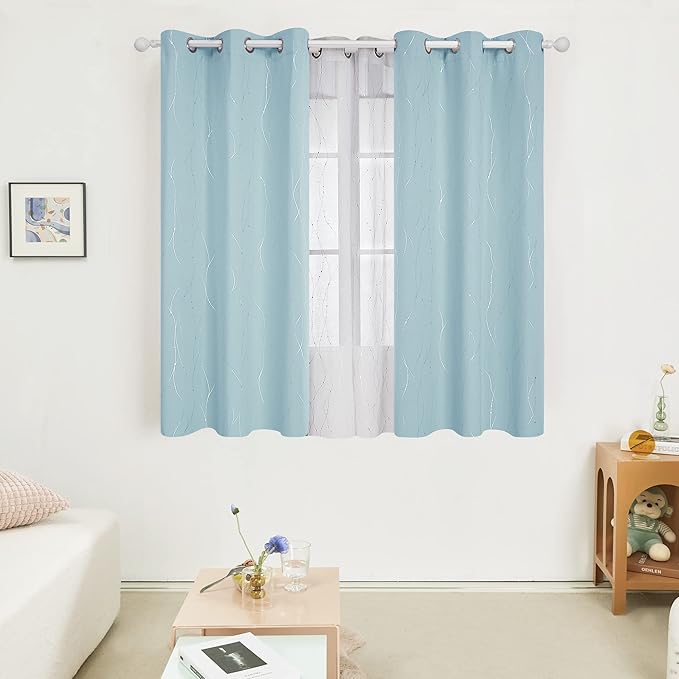 Deconovo Blackout Curtains, Thermal Insulated Soundproof Grommet Drapes, Wave Dot Foil Print, 42 x 45 Inch, Set of 2, Machine Washable Window Panel for Bedroom Living Room Nursery Kitchen, Light Blue