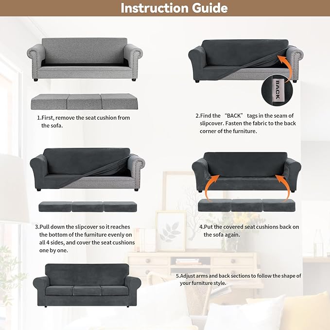 WEERRW 4 Pieces Velvet High Stretch Couch Covers for 3 Cushion Sofa Slipcovers, Washable Furniture Protector with Non Slip Elastic Bottom, Feature Soft and Thick Plush Fabric, Dark Grey, Large