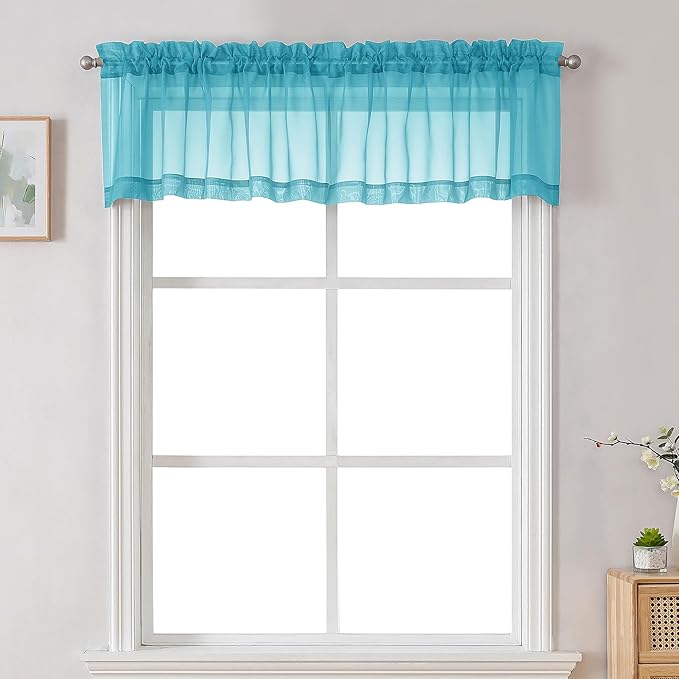 Chyhomenyc Sheer Valances for Windows 2 Pack, Small Window Curtains for Living Room Bathroom Cafe Laundry Basement, Modern Top Dual Rod Pocket Voile Curtain, 42W x 18L inches, Turquoise