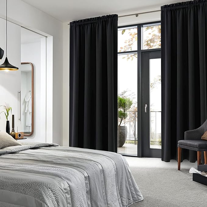 DWCN Black Blackout Curtains for Bedroom, 60 x 84 inches Long - Room Darkening Thermal Insulated Large Drapes, Set of 2 Rod Pocket Curtain Panels
