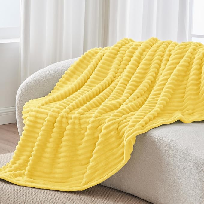 BEDELITE Twin Blanket for Couch & Bed, 300GSM Soft & Warm Fleece Blanket, Decorative and Giftable Striped Custard Yellow Blankets for Women, Men, 60"x80"