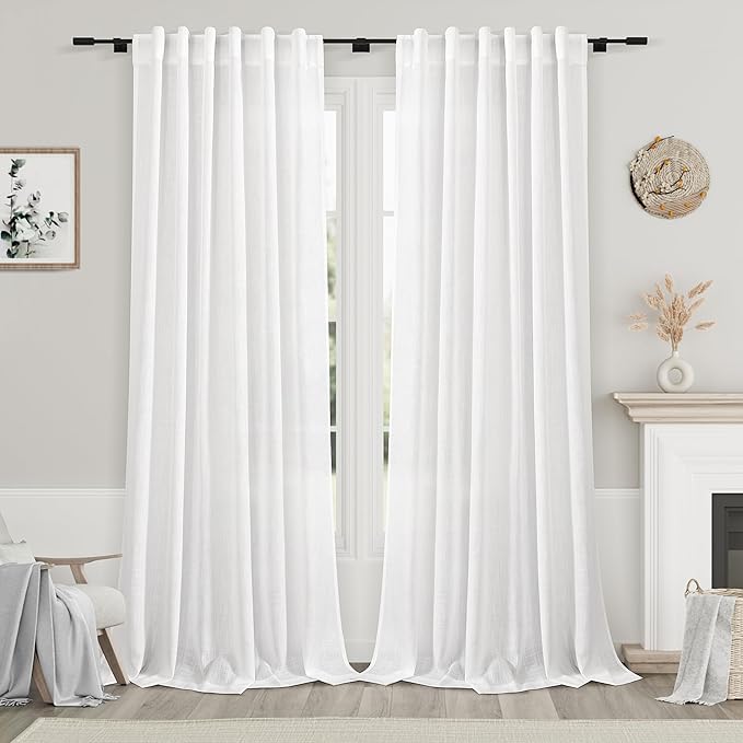 Nanspring White Linen Curtains 90 Inches Long for Bedroom Back Tab Light Filtering Privacy Sheer Curtain Modern Farmhouse Coastal Decor White Cotton Textured Gauze Curtain 2 Panel Set 70x90