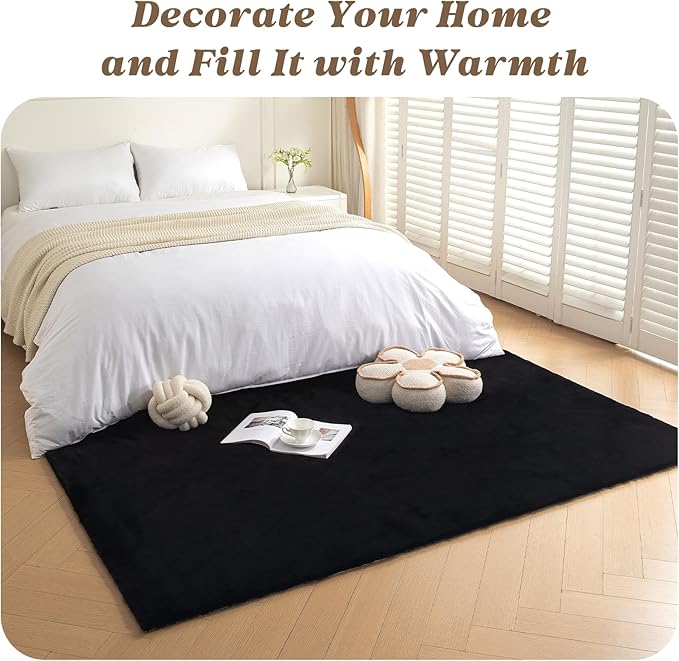 ThreadGlobe Fluffy Faux Rabbit Fur Rug 4'x6', Cloud-Soft Rugs for Living Room, Bedroom & Nursery, Non-Slip No-Shed Area Rug, Machine Washable Rug, Black, 4x6 Ft