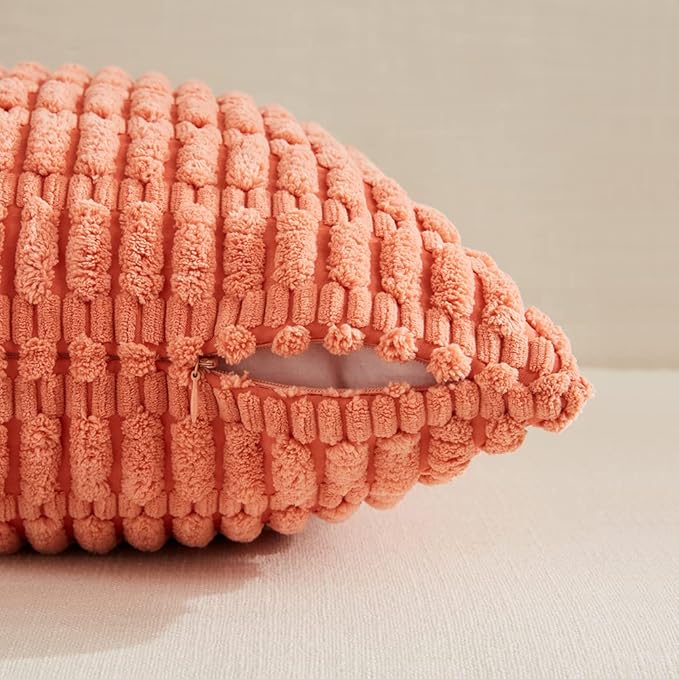 Fancy Homi 4 Packs Boho Coral Decorative Throw Pillow Covers 24x24 Inch for Living Room Couch Bed Sofa, Rustic Modern Farmhouse Home Decor, Soft Plush Corduroy Peach Cute Square Cushion Case 60x60 cm
