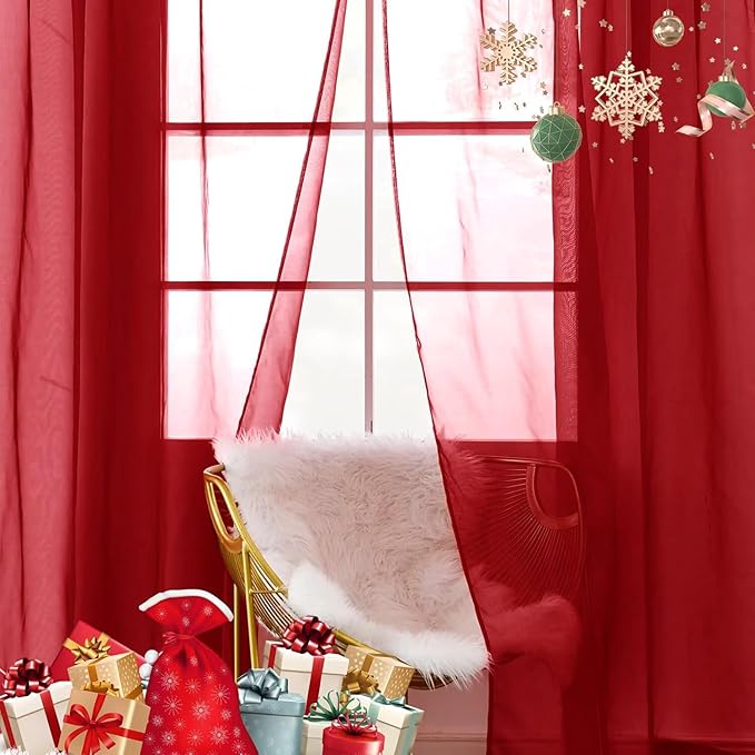 SpaceDresser Sheer Voile Window Treatment Rod Pocket Curtain Panels for Kitchen Bedroom Living Room Drapes Sunlight Filtering Privacy Semi Home Decor Assorted (Christmas Red, 52 W x 108 L)