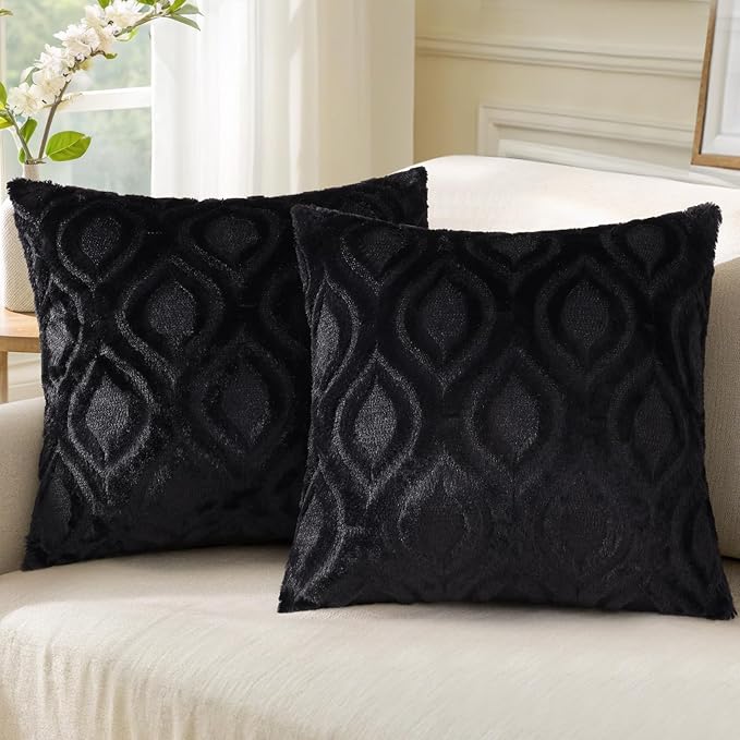 decorUhome Throw Pillow Covers 22x22 Inch Set of 2, Soft Plush Faux Wool Black Solid Couch Pillow Covers, Accent Euro Sham Farmhouse Neutral Square Pillow Cases for Sofa Bed Living Room