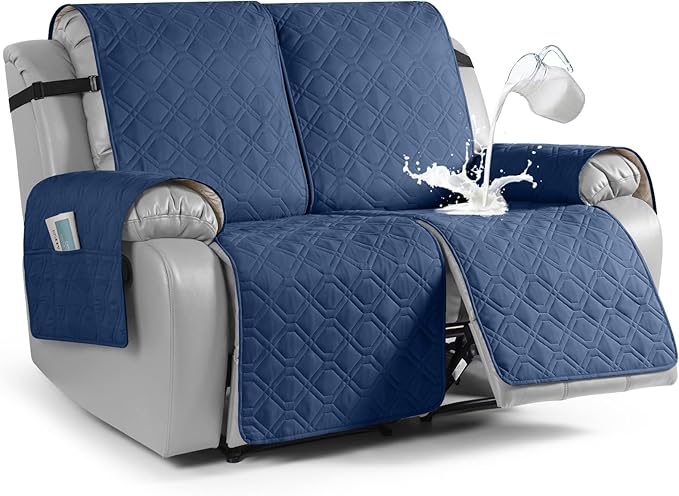 VANSOFY Waterproof Recliner Couch Covers, Sofa Covers 1-Piece Washable Reclining Sofa Cover Non-Slip Furniture Protector with Elastic Straps Pocket for Dogs, Pets(Ocean Blue,2 Seater)
