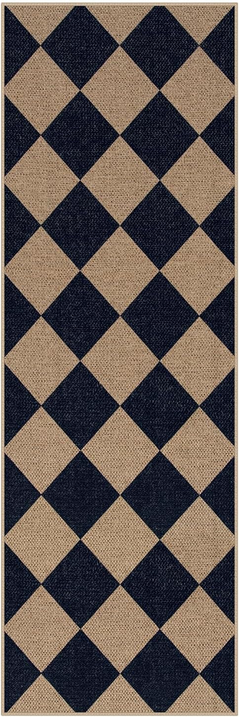Lahome Colette Checkered Easy Jute Runner Rug, 2x6 Kitchen Mats for Floor Washable Entryway Runner, Checkerboard Black Indoor Outdoor Carpet for Hallway 6ft Entry Laundry