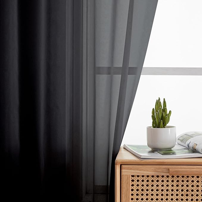 Aiyufeng 2 Panels Solid Color Semi Transparent Sheer 84" Length Window Curtains, Elegant Voile Panels/Draperies/Treatment for Bedroom Living Room Black, 2 Panels=80" W