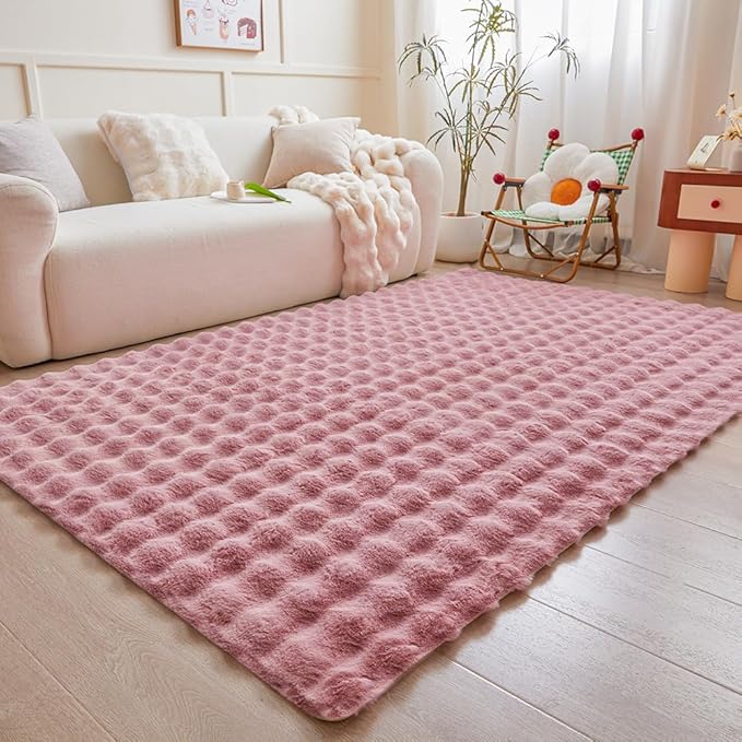 Pink Rabbit Plush Rug 5'x8', Fluffy Faux Fur Shaggy Area Rug for Nursery, Kids Room Decor, Soft Fuzzy Carpet for Living Room, Bedroom, Teen Girls Room