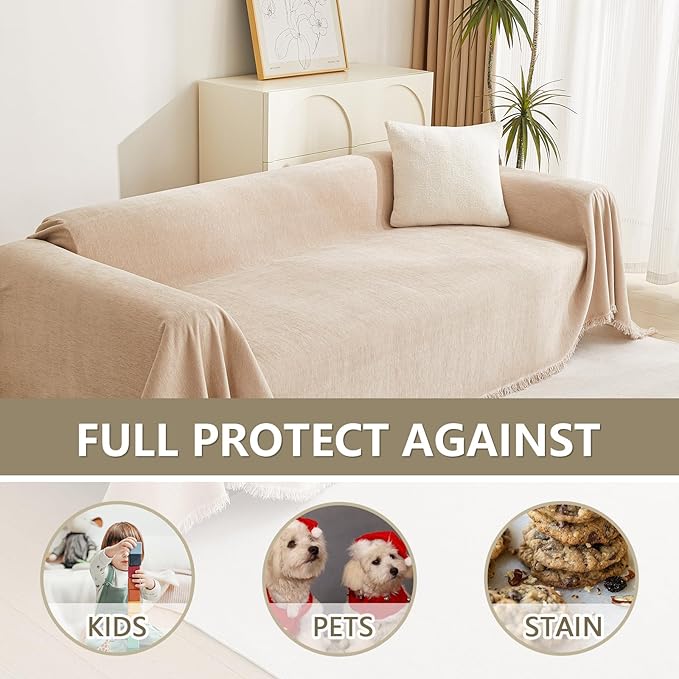MYSKY HOME Khaki Sectional Sofa Covers Chenille Couch Cover for Dogs Solid Sofa Cover for 3 Cushion Couch Washable Couch Covers with Tassel Edge L Shape Sofa Throw Large Sofa Slipcover, 91" X134"