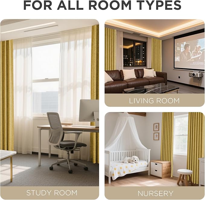 Joydeco Blackout Curtains for Bedroom - 100% Light Blocking 2 Panels Set Yellow Drapes 37" W x 63" L, Thermal Insulated Room Darkening Curtains, Linen Textured for Living Room, Rod Pocket & Back Tabs