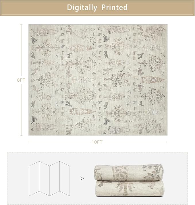 Washable Rugs 8x10 Area Rugs for Living Room,Bedroom,Dining Room- Large Ultra Soft Faux Wool Retro Carpet,Non Slip&Non-Shedding Low Pile Vintage Print Rug for Home Office Dorm Playroom-Brown