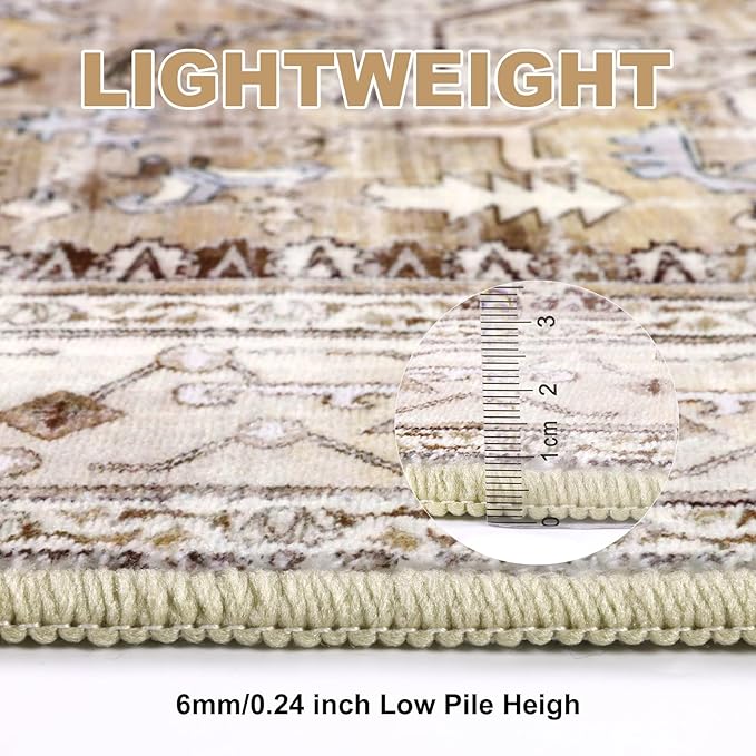 Yamaziot Area Rug 8x10, Non-Slip Washable Boho Vintage Living Room Bedroom Rug with Rubber Backing, Low Pile Faux Wool Soft Distressed Rug Floor Carpet for Living Room, Bedroom