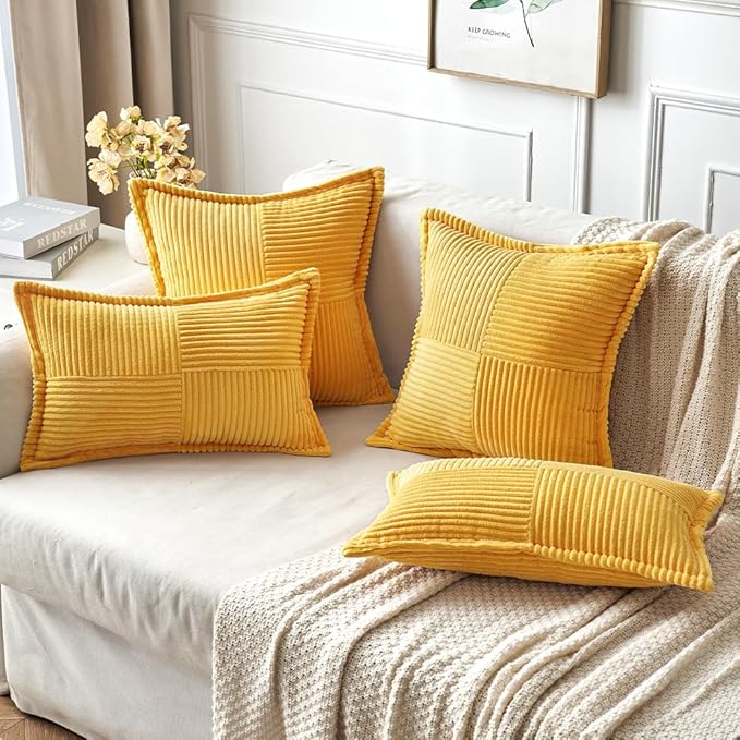 MIULEE Golden Yellow Corduroy Pillow Covers 18x18 Inch with Splicing Set of 2 Soft Boho Striped Pillow Covers Broadside Decorative Textured Summer Pillowcases for Couch Cushion Bed Livingroom