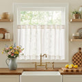 jinchan Belrose Linen Floral Kitchen Curtains 24 inch Length Embroidered Farmhouse Cafe Curtains for Living Room Bathroom Small Windows Curtain Set Sheer Light Filtering 2 Panels White