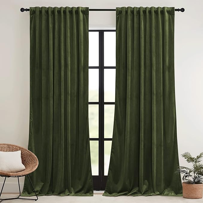 RYB HOME Olive Green Velvet Curtains 90 inches Long - Room Darkening Luxury Window Treatment Privacy Thermal Insulated Backdrops for Living Room, 52 inch x 90 inches, 2 Panels Set