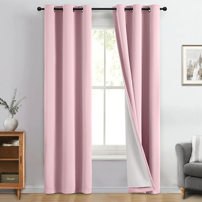 Yakamok 100% Blackout Curtain Panels 84 inches Cold and Light Blocking Drapes for Nursery, 2 Thick Layers Thermal Insulated Draperies (2 Pieces, 40 Wide Each Panel, Pink Front with White Backing)