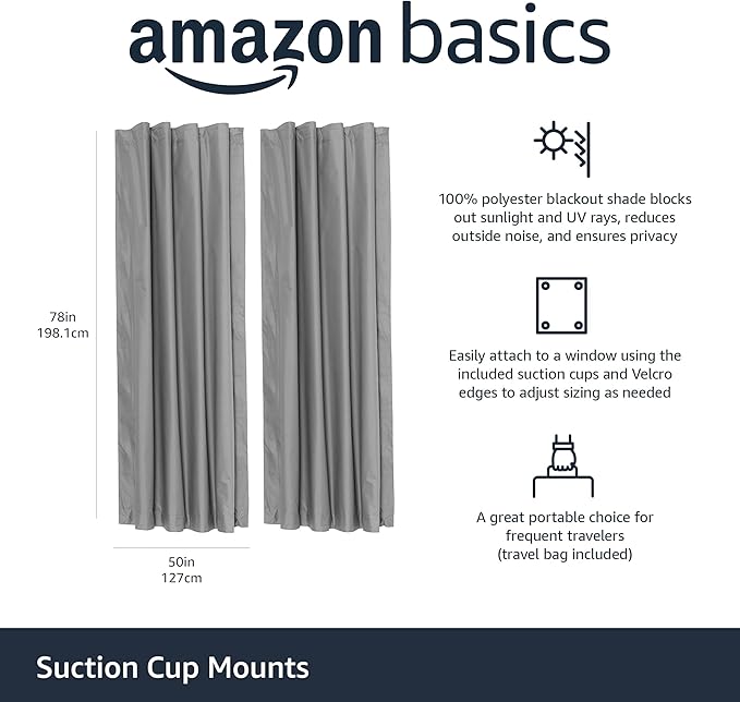 Amazon Basics Portable Energy Saving Noise Reducing Blackout Curtain Shade with Suction Cup Mounts, 50"W x 78"L, Dark Grey, 2-Pack