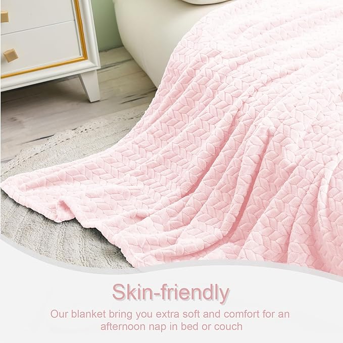 Exclusivo Mezcla Fleece Throw Blanket for Couch and Bed, 50x70 Inches Soft Cozy Jacquard Flannel Blankets, Lightweight Fuzzy Plush Warm Throws for Women, Light Pink