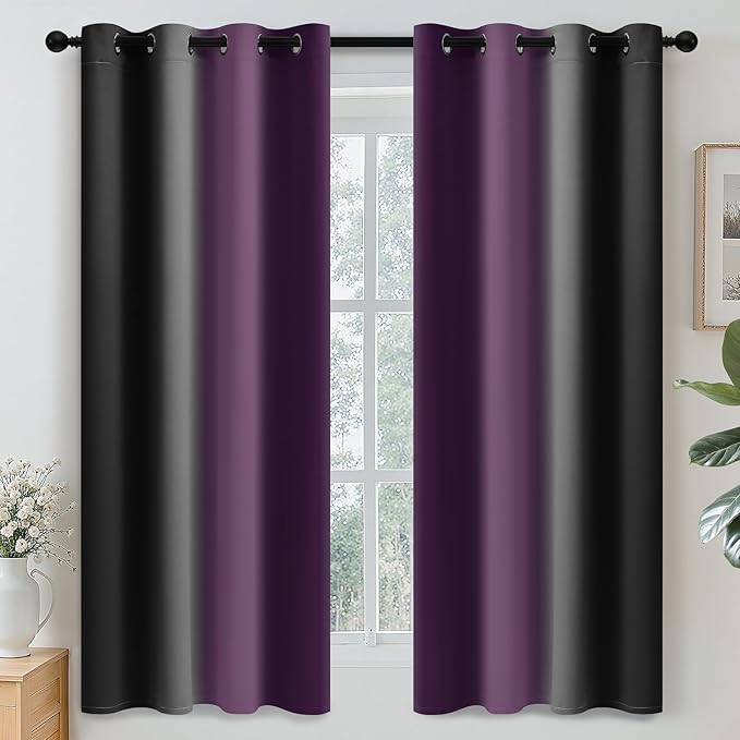 Yakamok Blackout Ombre Purple and Black Curtains for Bedroom, Gradient Room Darkening Curtains, Grommet Thermal Insulated Light Blocking Window Drapes/Curtain for Living Room,52 x 63 Inch,2 Panels
