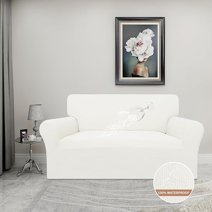Easy-Going 100% Waterproof Oversized Loveseat Couch Cover, Dual Waterproof Sofa Cover, Stretch Jacquard Sofa Slipcover, Leakproof Furniture Protector for Kids, Pets, Dog and Cat, Cream