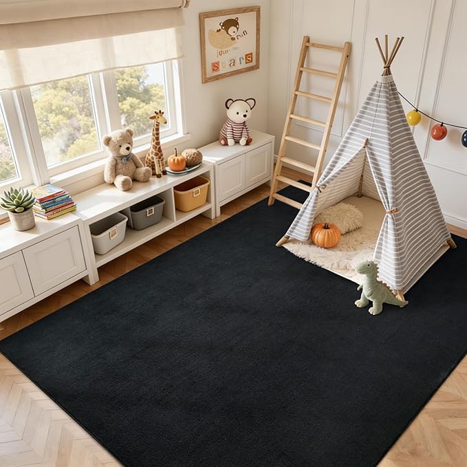 FinRèc 5x7 Washable Area Rugs for Bedroom Living Room, Low Pile Thin Rug Solid Color, Non-Slip Carpet Indoor for Home Decor (Pure Black)