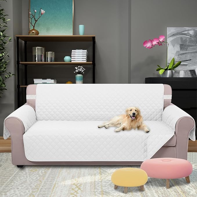 U-NICE HOME 4 Seater Sofa Cover 91 Inch Large Couch Covers for 4 Cushion Couch with Elastic Straps Water Resistant Furniture Protector Cover for Pets Cat (Sofa XX-Large, White/White)