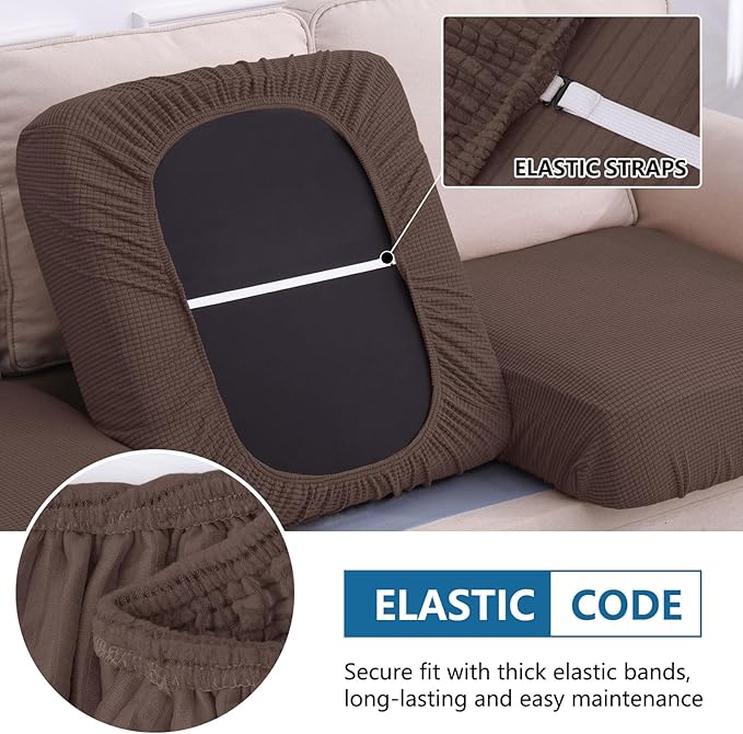 hyha Waterproof Couch Cushion Covers for Pets, Non Slip Sofa Seat Cover for Dogs Washable, Soft Thick Stretch Jacquard Fabric, Sofa Slipcovers with Elastic Bottom (1 Chaise+2 Seater, Brown)