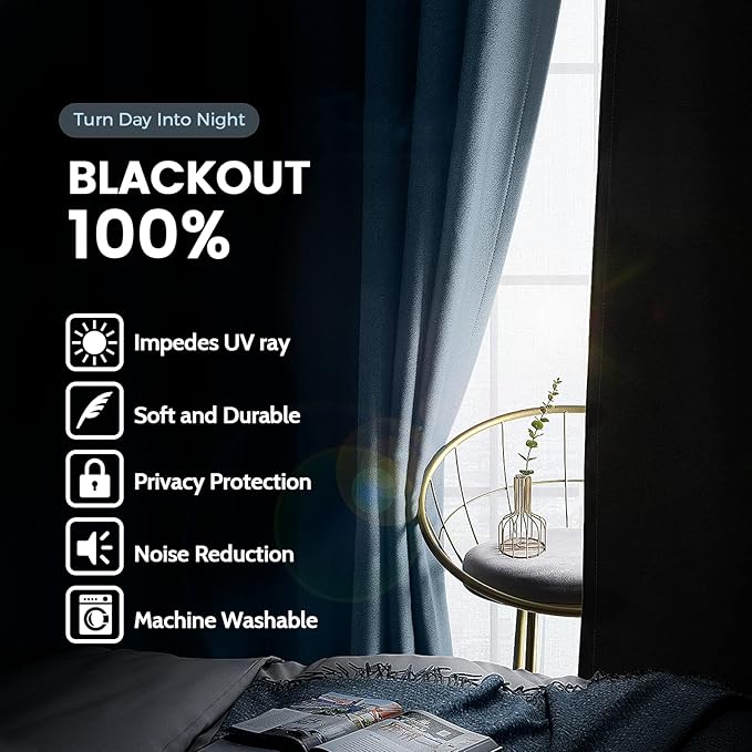 SimpleHome 100% Blackout Curtains for Bedroom,Thermal Insulated Grommet Window Drapes Room Darkening Stone Blue Curtains for Living Room with Black Back,42 x 84 Inch,2 Panels