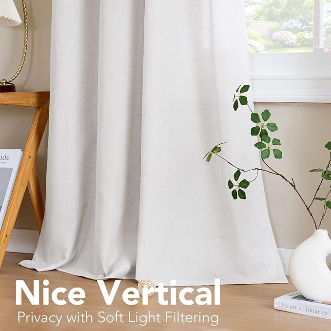 H.VERSAILTEX Elegant Natural Linen Semi Sheer Blended Energy Efficient Light Filtering Curtains/Nickel Grommet Window Treatments Panels/Drapes (Set of 2, Heathered White, 52" x 96")