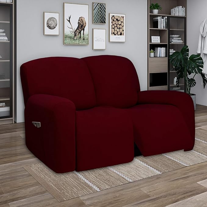 PureFit Super Stretch Loveseat Recliner Sofa Couch Cover with Pocket – 2 Seats Non Slip Soft Sofa Slipcover, Washable Reclining Furniture Protector for Kids, Pets (Recliner Loveseat, Wine)