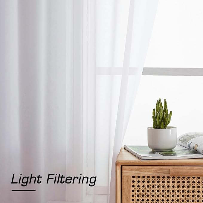 Simplebrand White Sheer Curtains 90 Inches Long, Light Filtering Rod Pocket Solid Color Window Sheer Curtain Panels, Elegant Curtains & Drapes for Living Room, Bedroom 2 Panels (White, 42" W x 90" L)